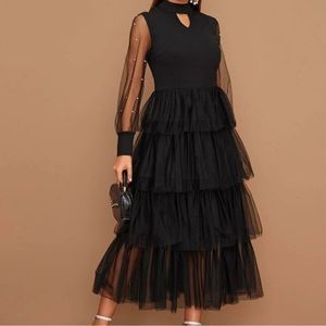 SHEIN Modely Pearls Beaded Sheer Sleeve Layered Mesh Hem Peekaboo Dress